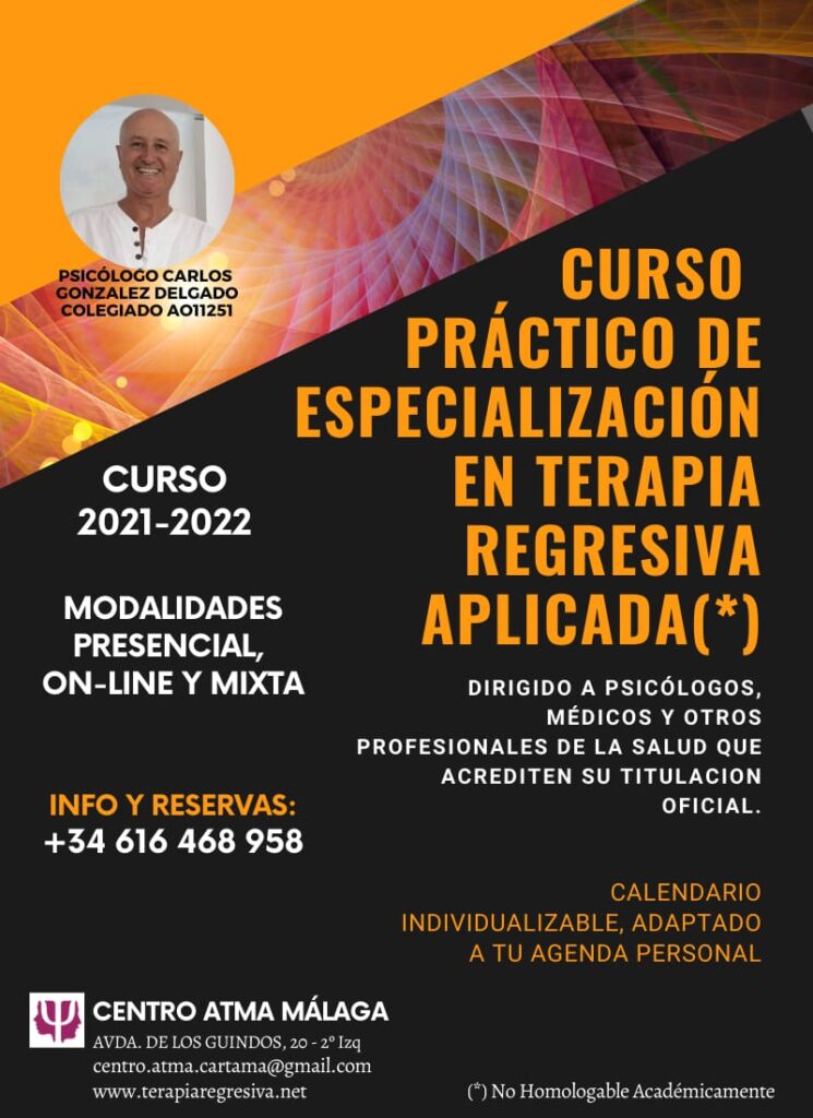 Centro ATMA de Málaga. Curso de Terapia de Vidas Pasadas para profesionales. Cartel.