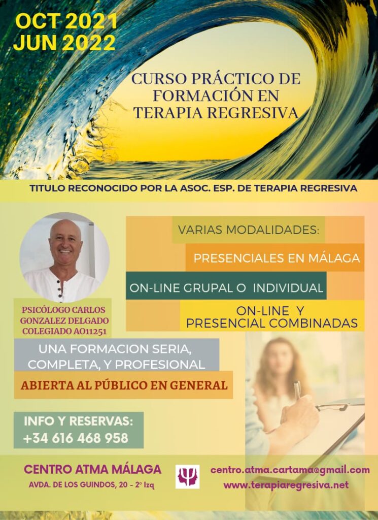 Centro ATMA de Málaga. Curso de Terapia de Vidas Pasadas para público general. Cartel.