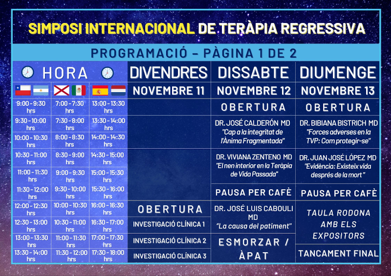 Primer Simposi Internacional de Teràpia Regressiva organitzat per l'ACHTEVIP. Horari 1.
