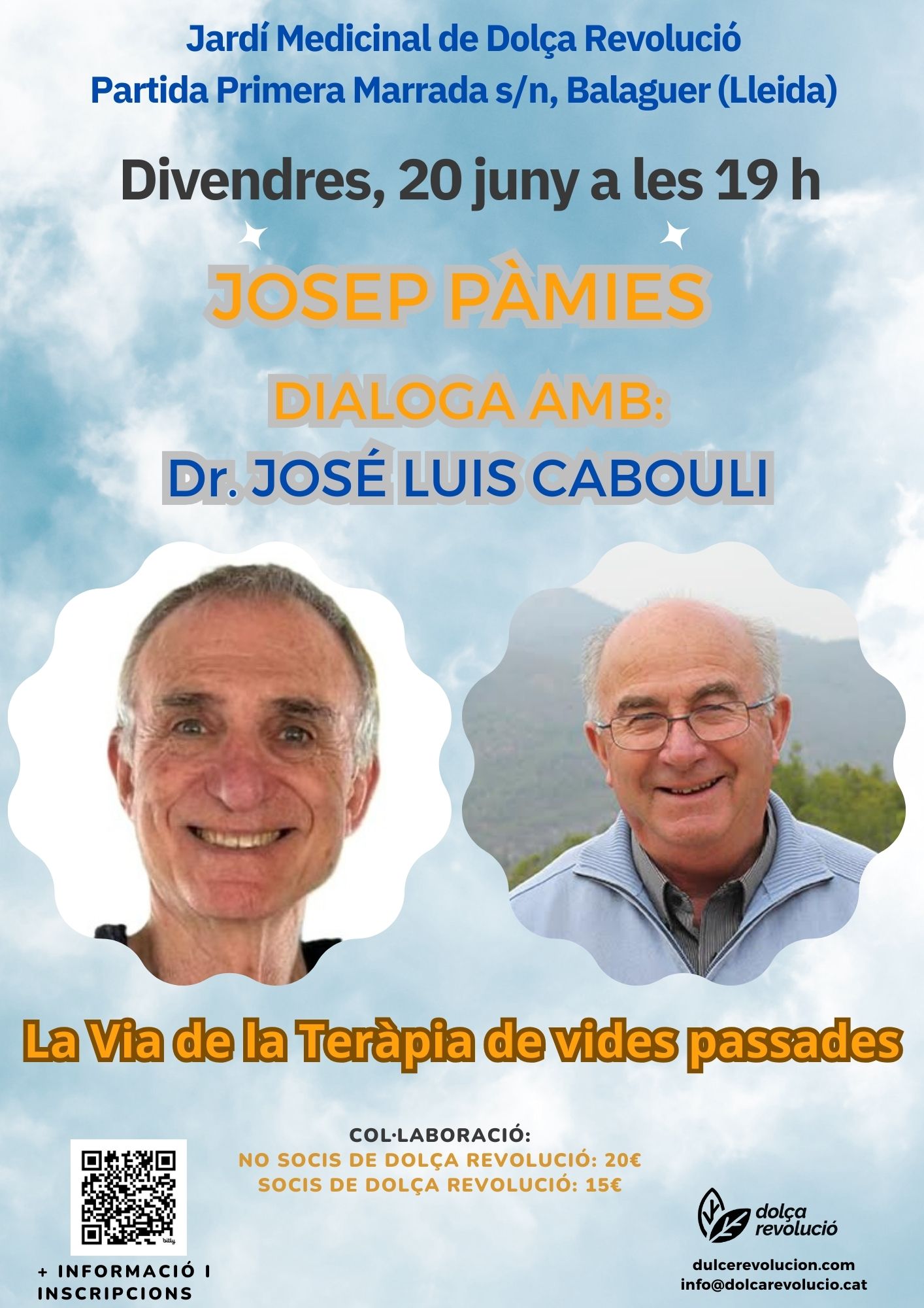 Josep Pàmies dialoga amb el Doctor José Luis Cabouli. Balaguer, 20‑6‑2025. Cartell català.